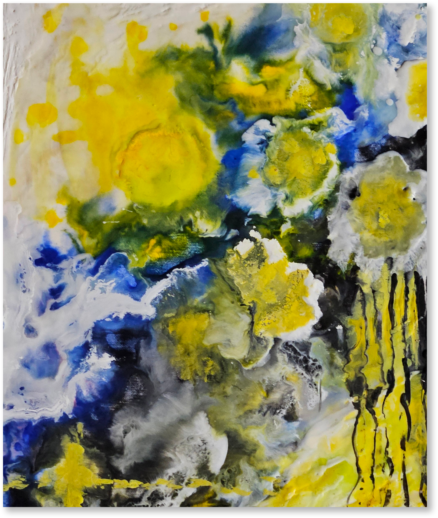 Abstract painting with yellow, blue, and white colors
