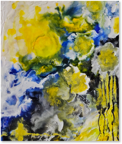 Abstract painting with yellow, blue, and white colors