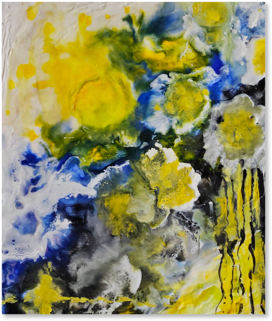 Abstract painting with yellow, blue, and white colors