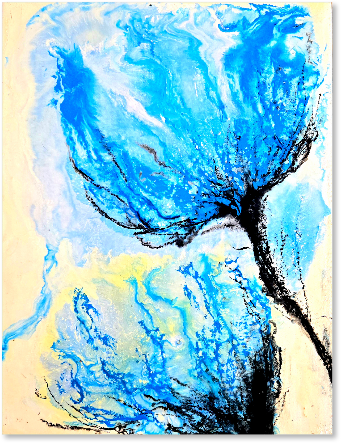 Abstract art piece with blue and black tree on a beige background