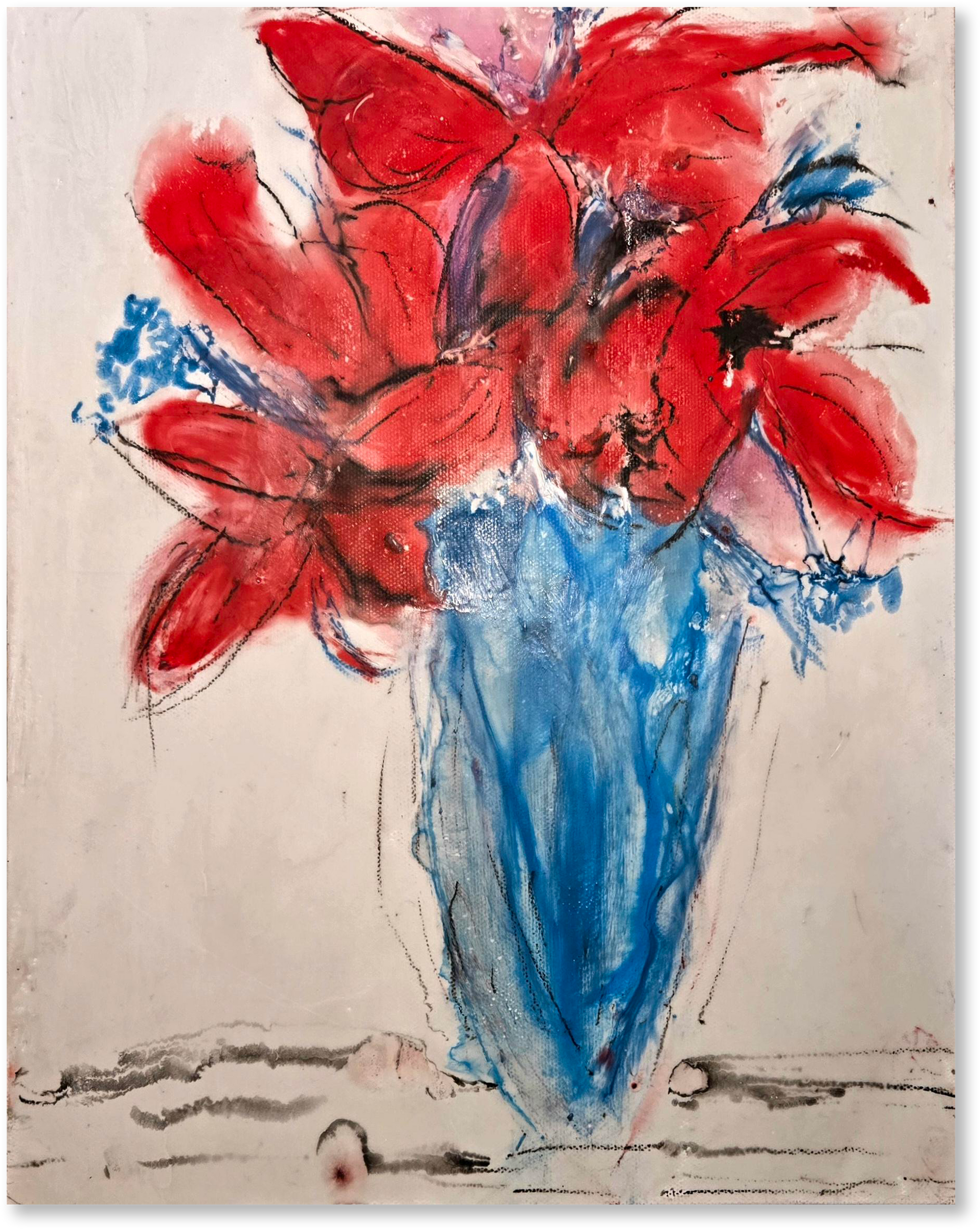 Abstract painting of red flowers in a blue vase on a beige background