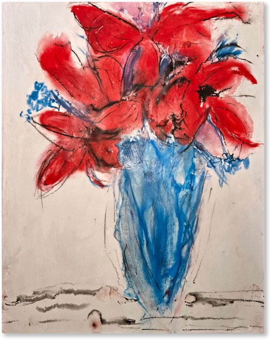 Abstract painting of red flowers in a blue vase on a beige background