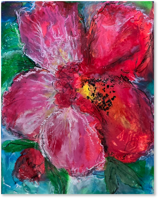 Abstract painting of a pink flower with green leaves on a blue background