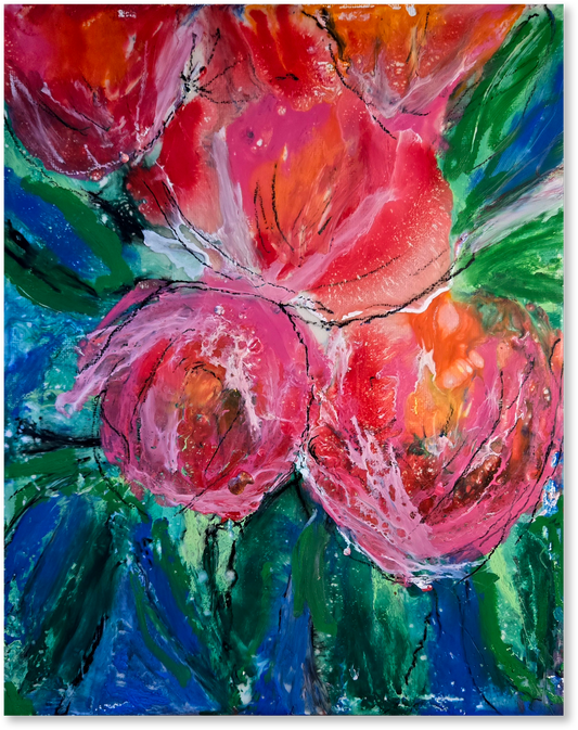Colorful abstract painting of flowers with pink and red tones