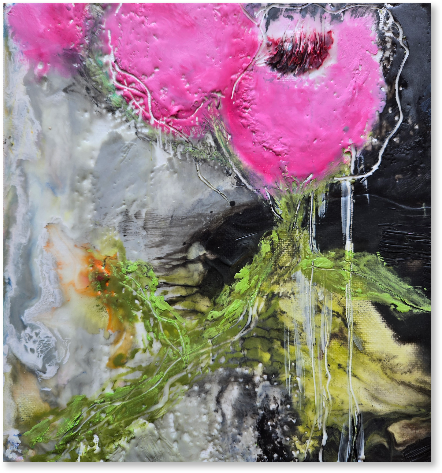 Abstract artwork with pink flowers and green leaves on a textured background
