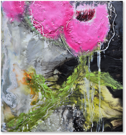 Abstract artwork with pink flowers and green leaves on a textured background