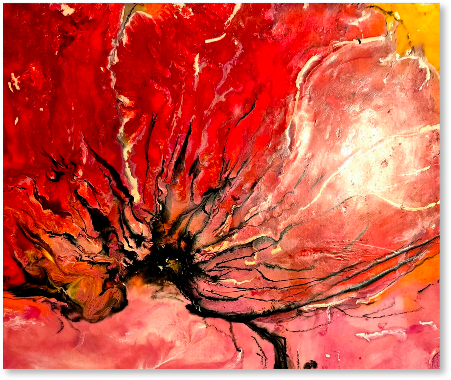 Abstract art piece with vibrant red, pink, and orange colors