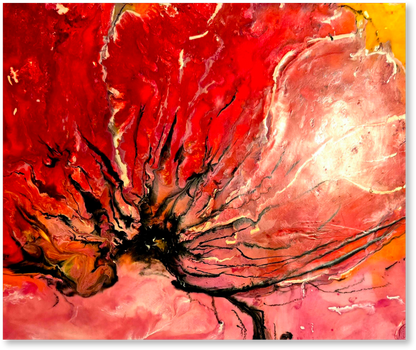 Abstract art piece with vibrant red, pink, and orange colors