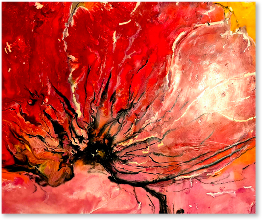 Abstract art piece with vibrant red, pink, and orange colors