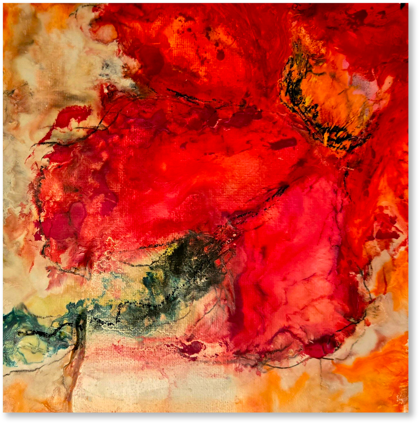 Abstract artwork with vibrant red, orange, and green colors on a white background