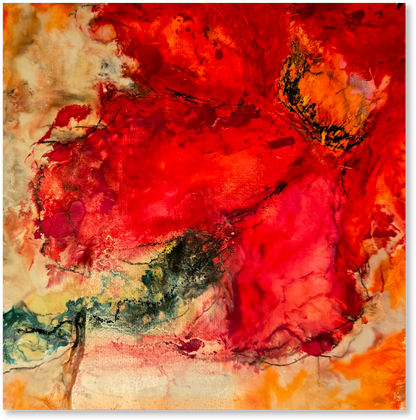 Abstract artwork with vibrant red, orange, and green colors on a white background
