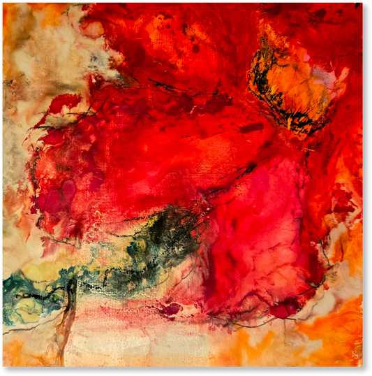 Abstract artwork with vibrant red, orange, and green colors on a white background