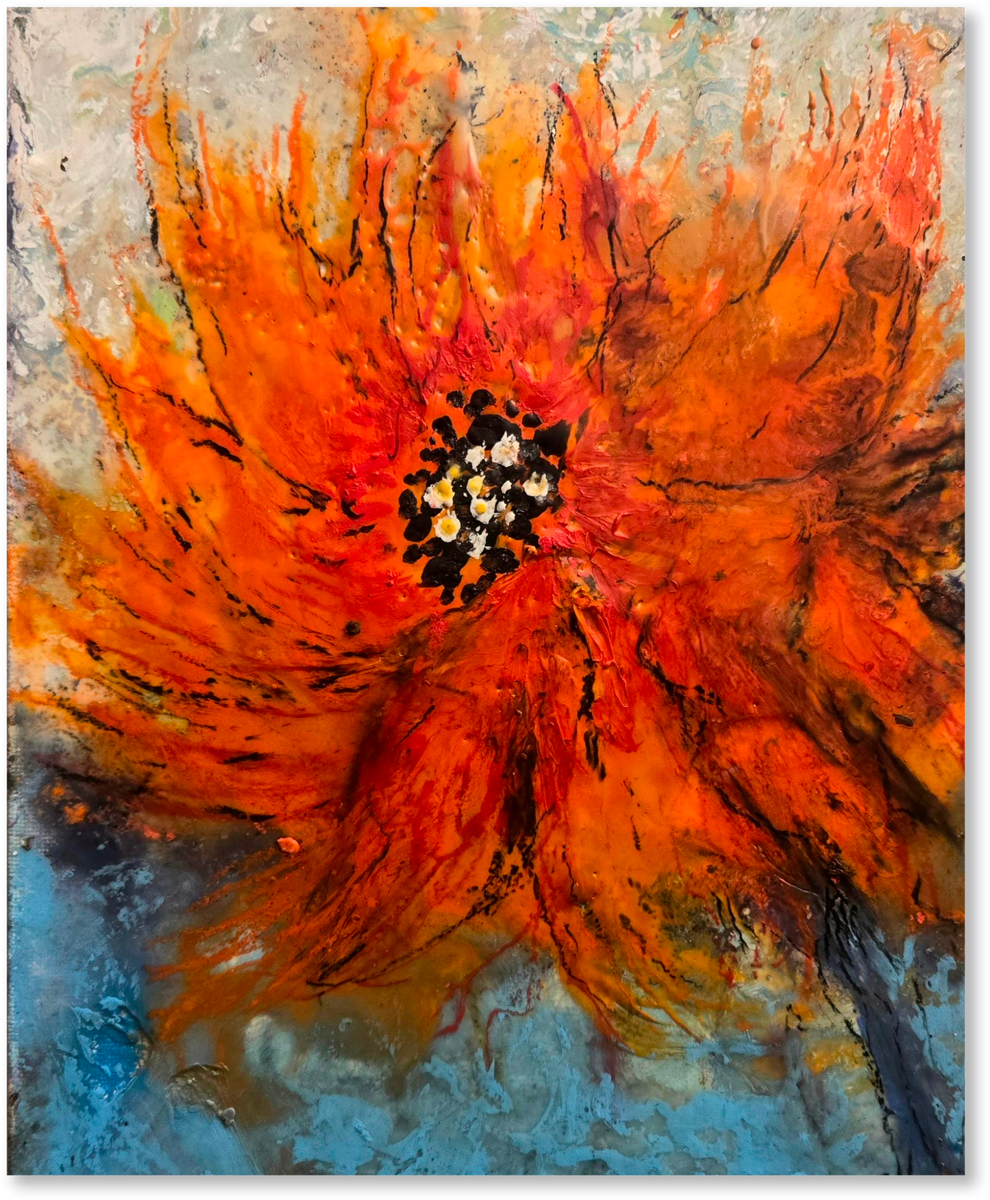 Abstract painting of a red flower with a textured background