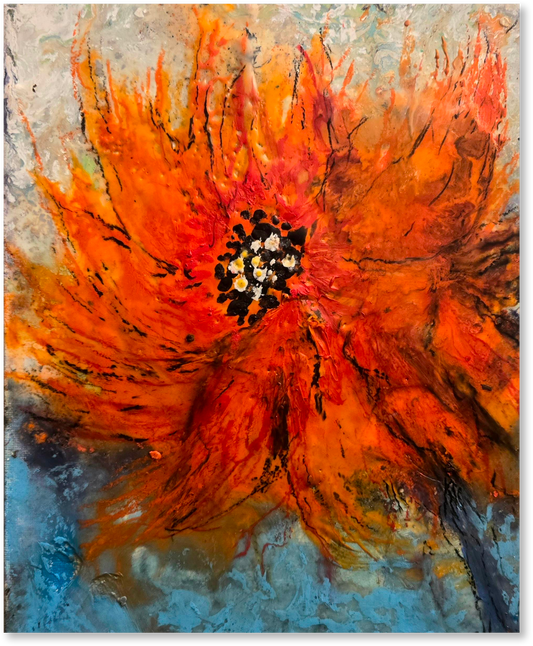 Abstract painting of a red flower with a textured background