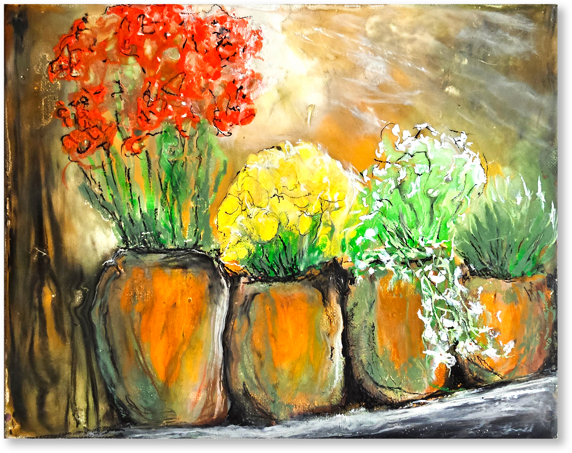 Artistic depiction of potted plants with vibrant colors on a textured background
