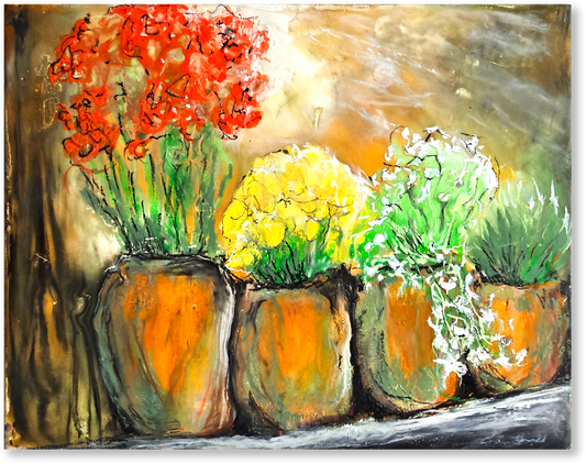 Artistic depiction of potted plants with vibrant colors on a textured background