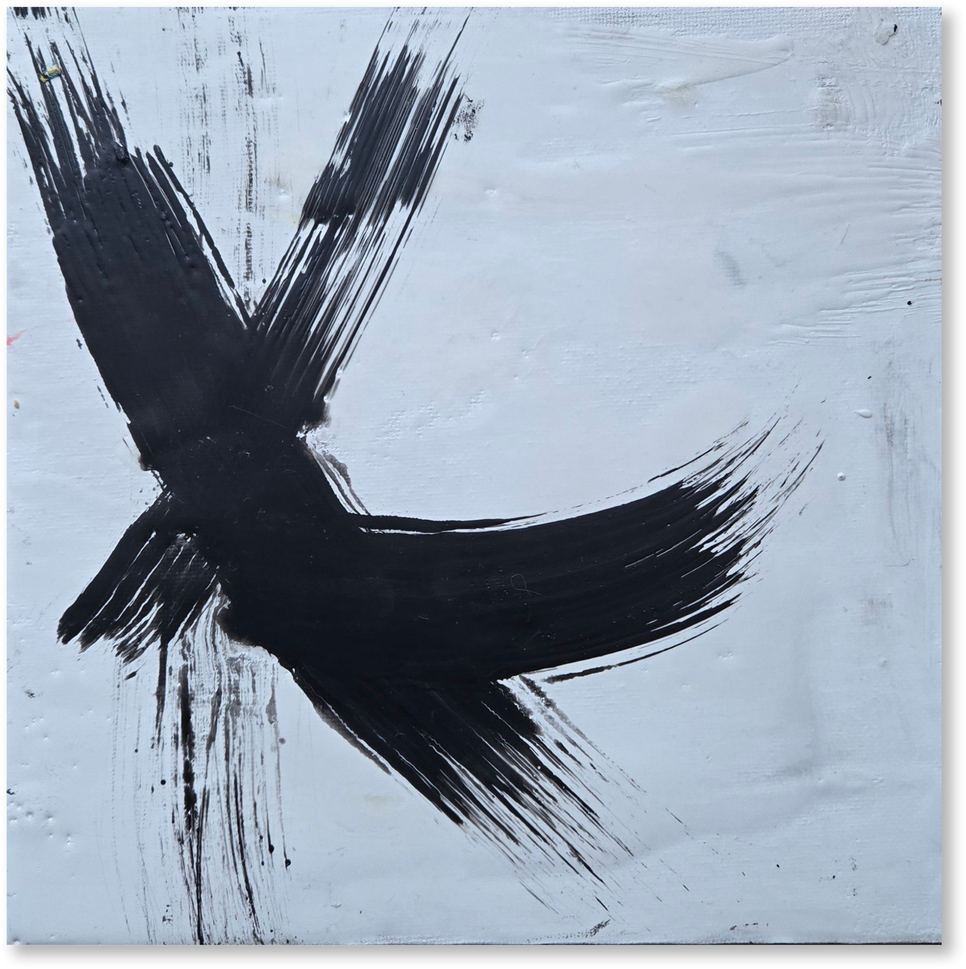 Abstract art piece with a large black brushstroke on a light blue background