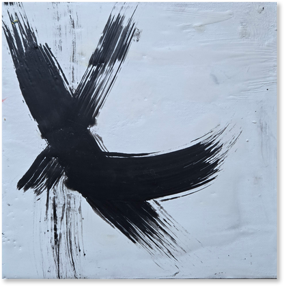 Abstract art piece with a large black brushstroke on a light blue background