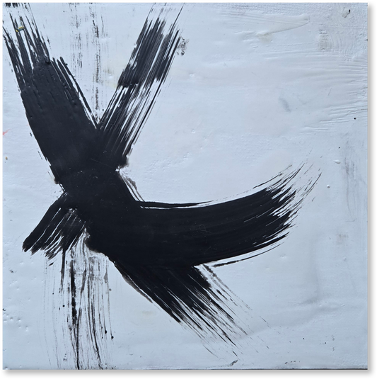 Abstract art piece with a large black brushstroke on a light blue background
