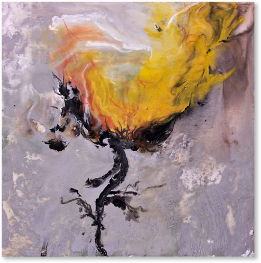Abstract painting with a central flame-like shape in yellow and orange on a gray background