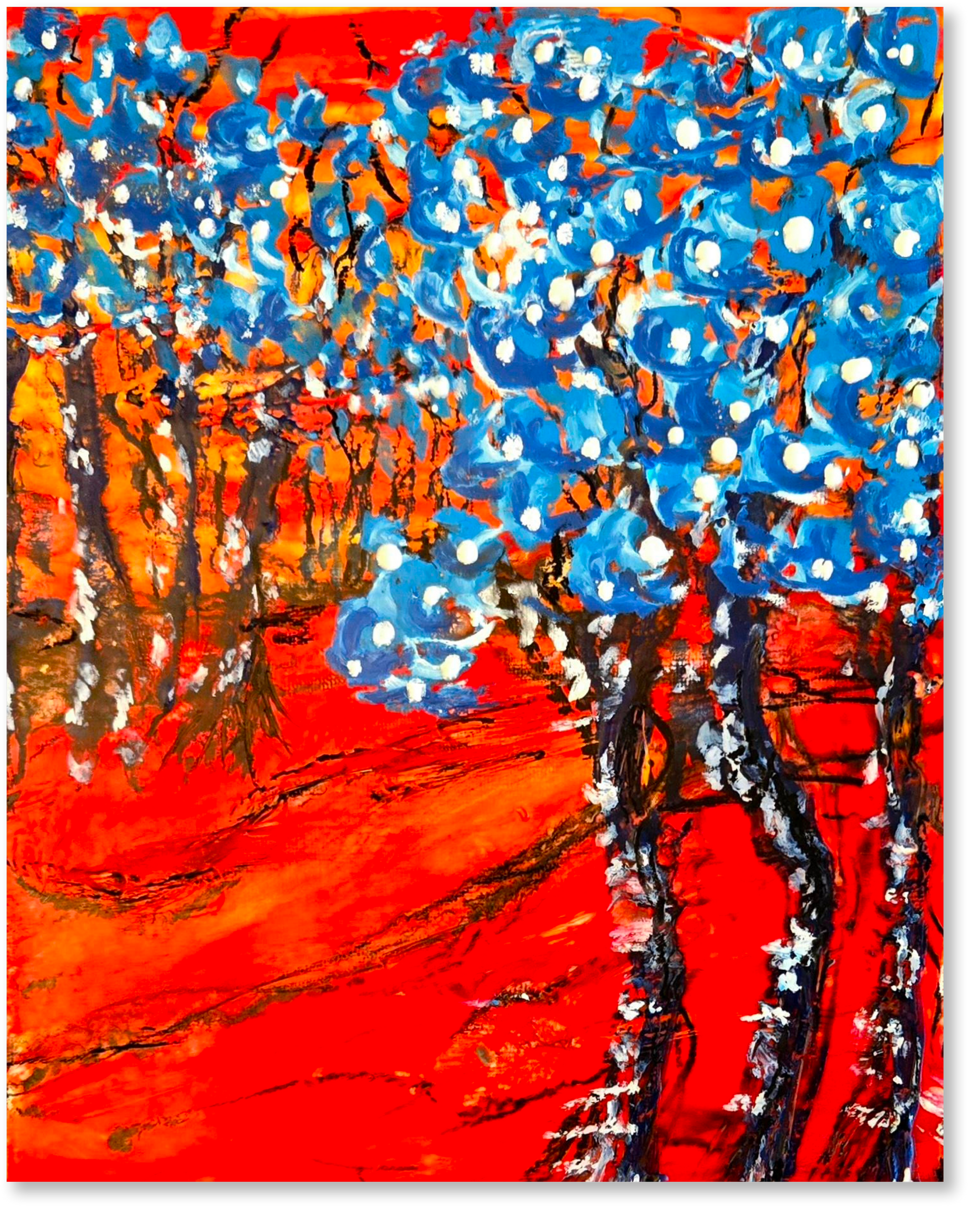 Abstract artwork with blue and orange colors on a red background