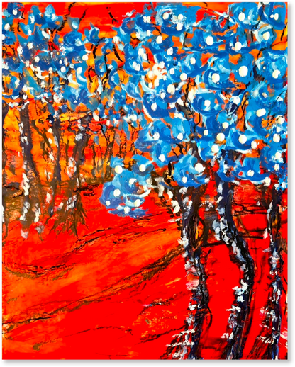 Abstract artwork with blue and orange colors on a red background