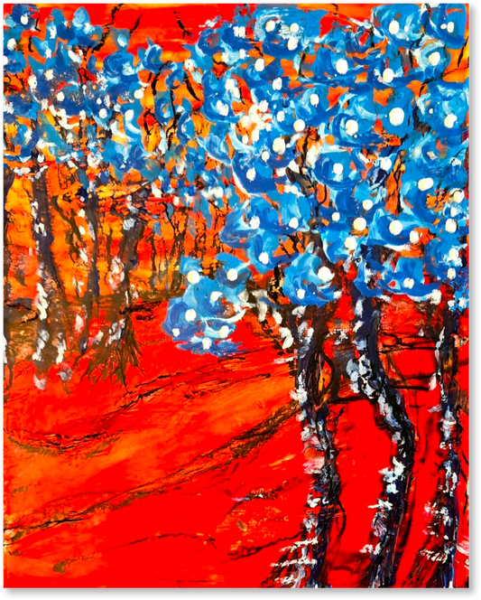 Abstract artwork with blue and orange colors on a red background