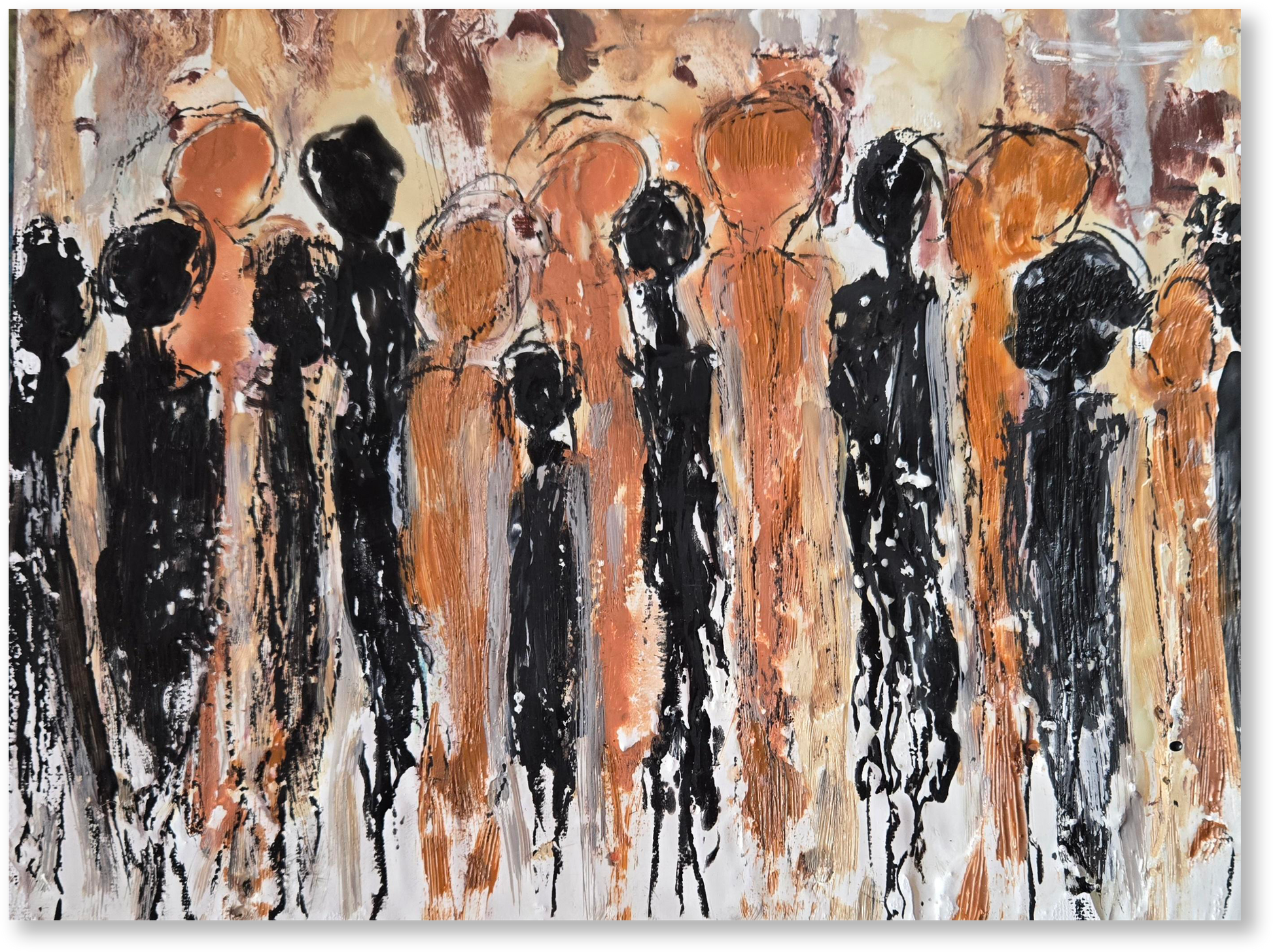 Abstract artwork with black, orange, and brown shapes on a white background