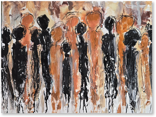 Abstract artwork with black, orange, and brown shapes on a white background
