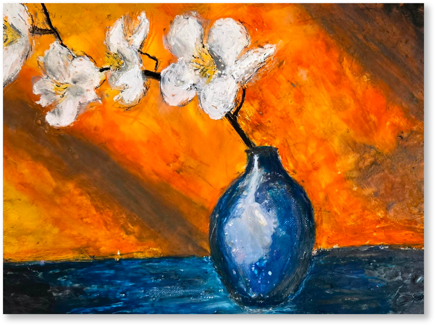 Artistic depiction of a blue vase with white flowers against an orange and black abstract background