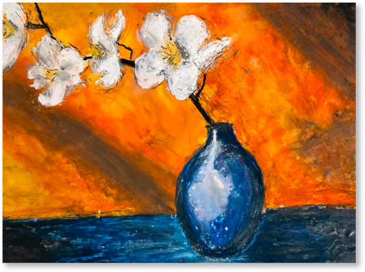 Artistic depiction of a blue vase with white flowers against an orange and black abstract background