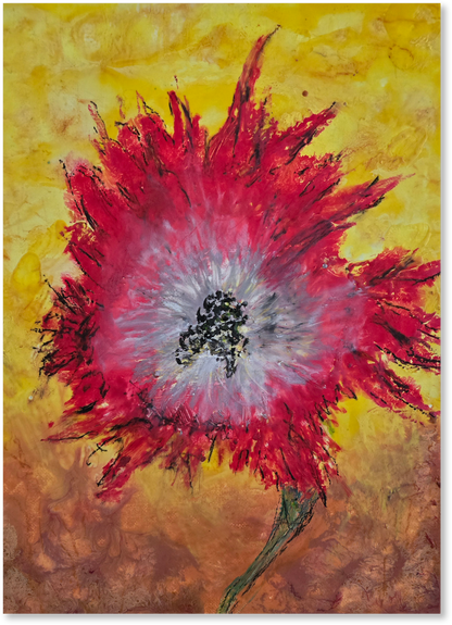 Artistic depiction of a red flower with a yellow and brown background