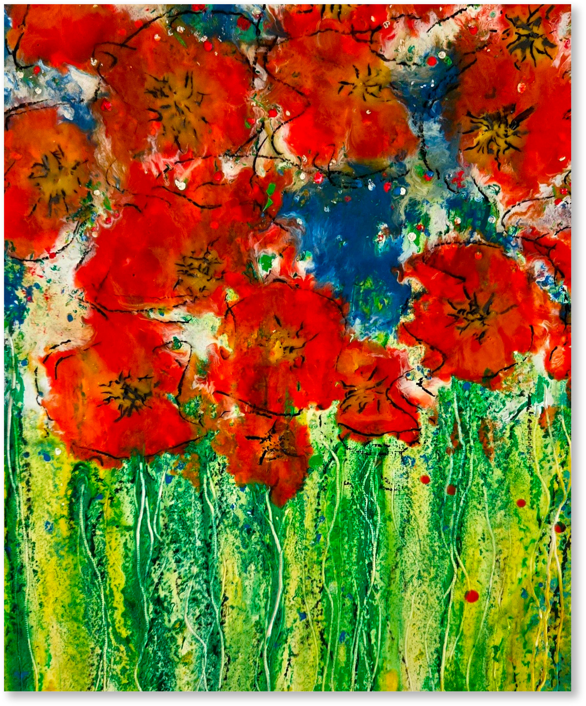 Colorful abstract painting of red flowers and green grass