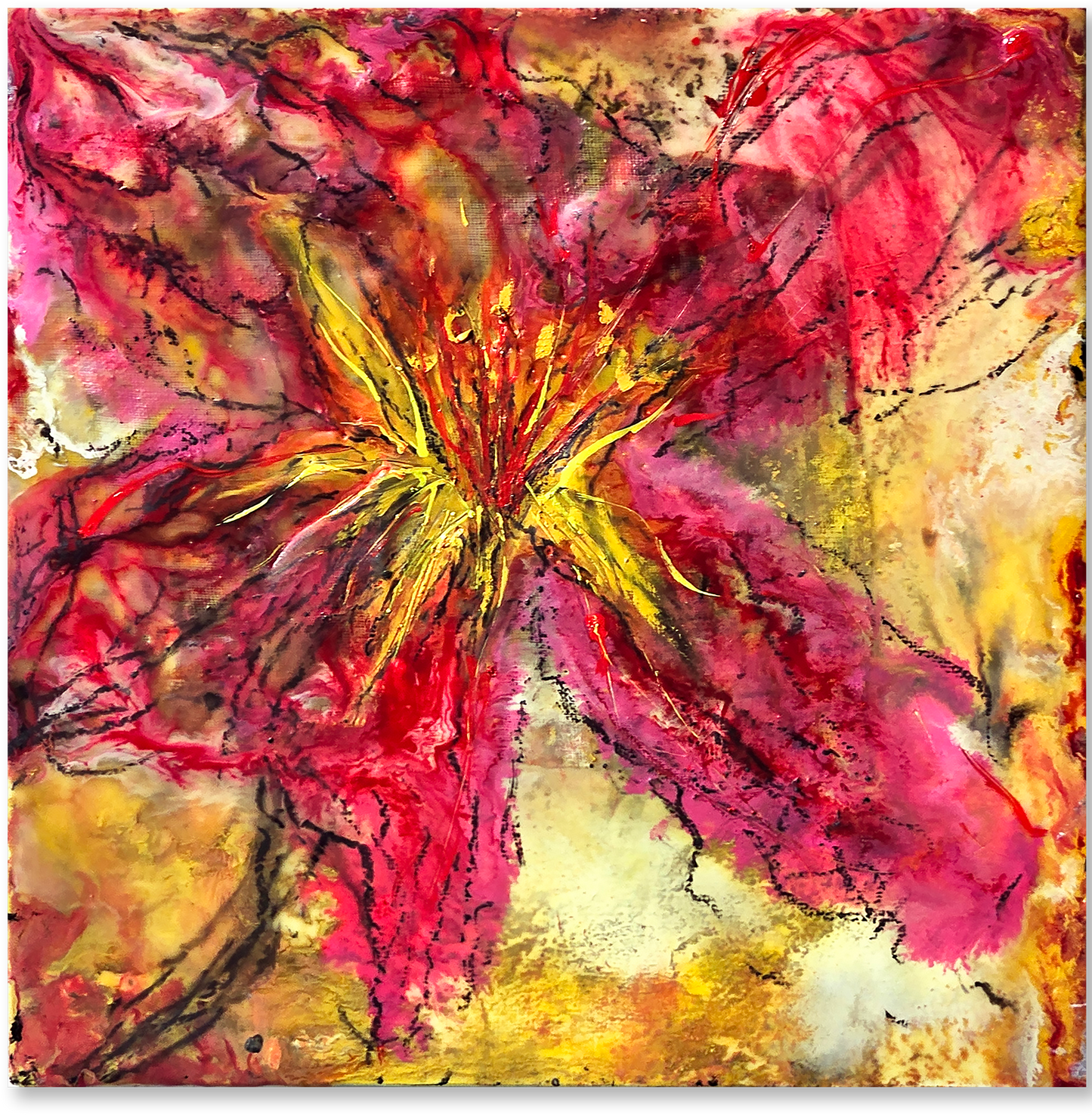 Abstract painting with pink, yellow, and red colors
