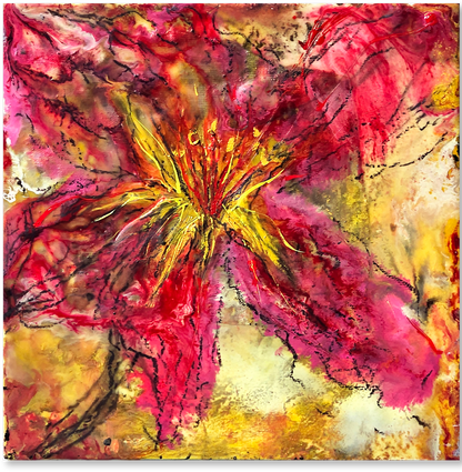 Abstract painting with pink, yellow, and red colors