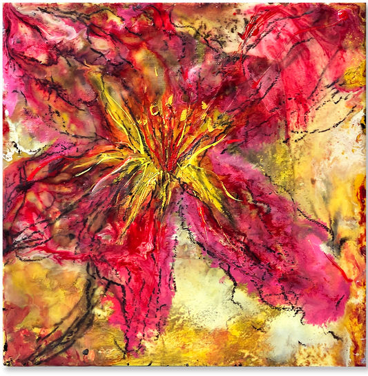 Abstract painting with pink, yellow, and red colors