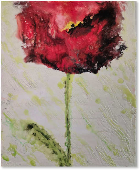 Abstract painting of a red flower with a textured background