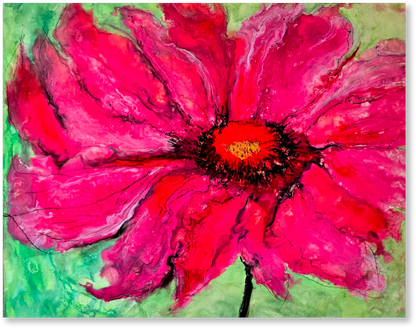 Artistic depiction of a pink flower with a green background