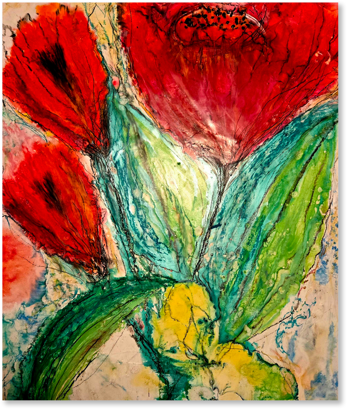 Abstract painting of red flowers and green leaves on a textured background