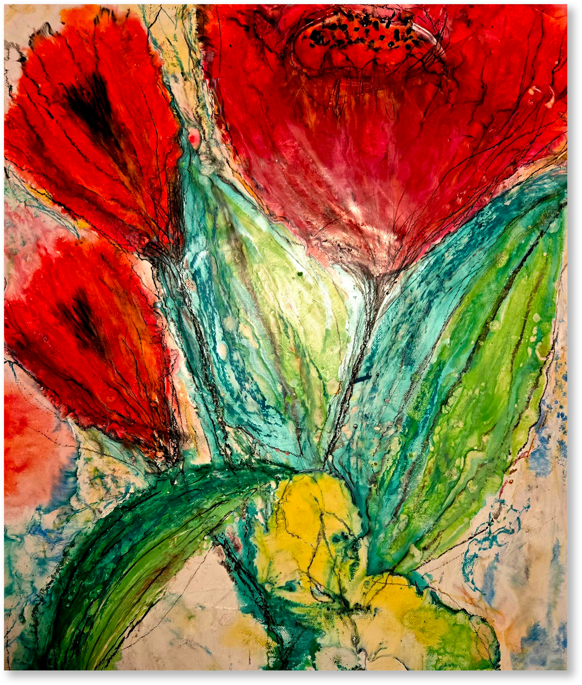 Abstract painting of red flowers and green leaves on a textured background