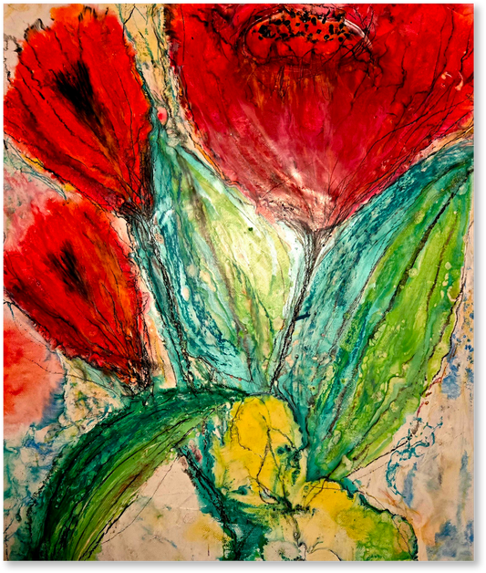 Abstract painting of red flowers and green leaves on a textured background