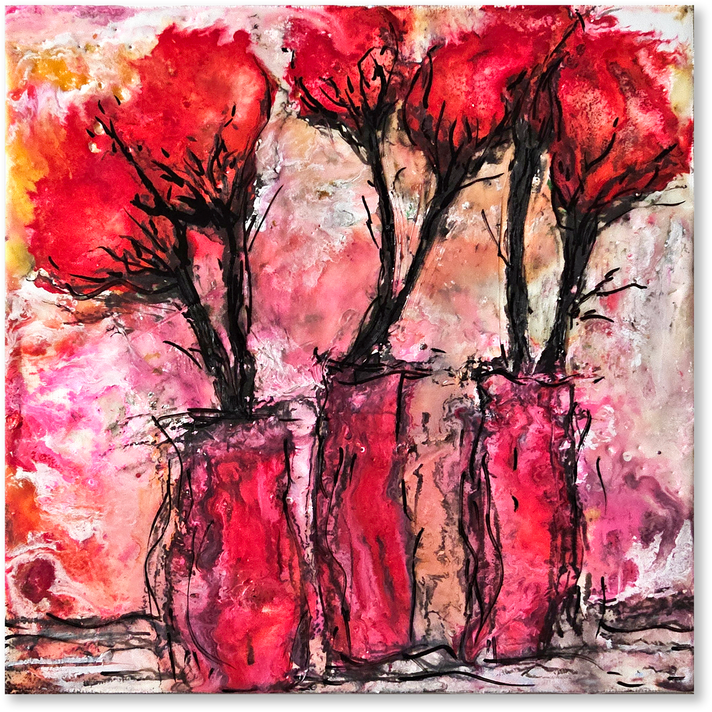 Abstract artwork of trees with a red and pink background
