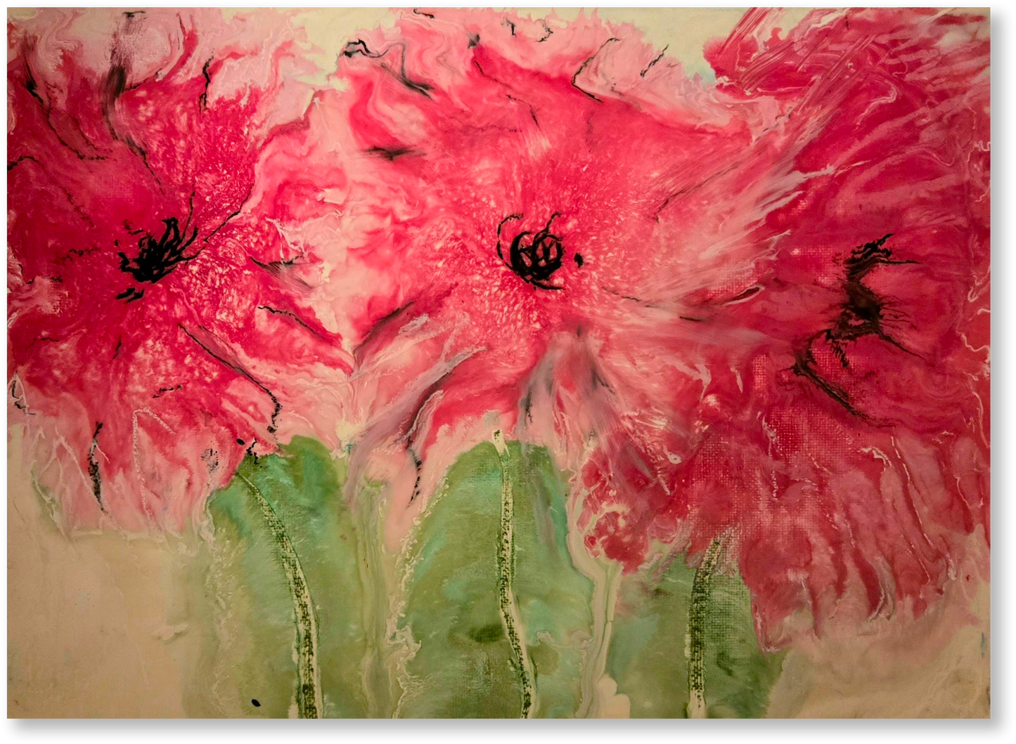 Artistic depiction of pink flowers with green stems on a textured background
