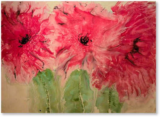 Artistic depiction of pink flowers with green stems on a textured background