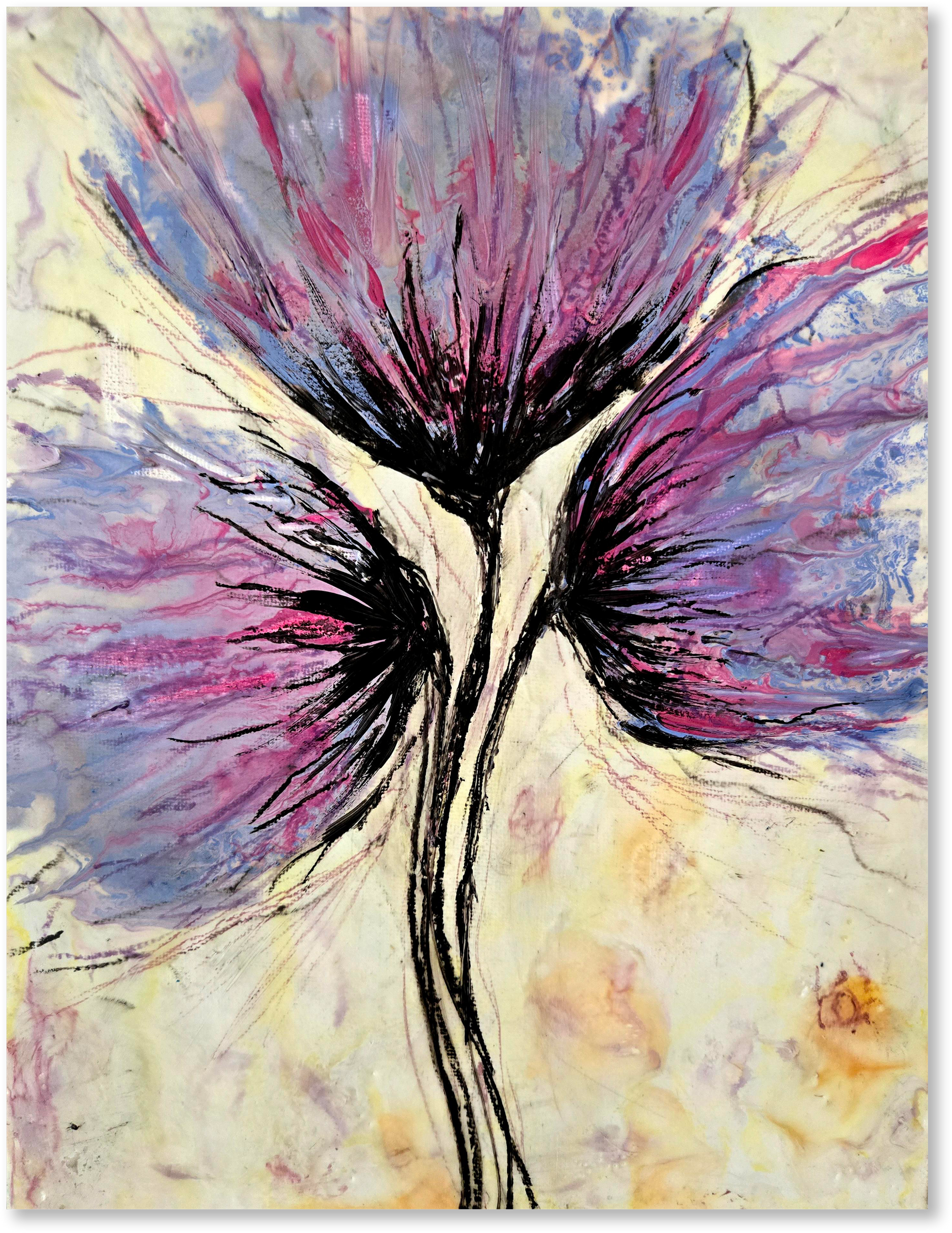 Abstract art of a tree with pink and purple branches on a beige background