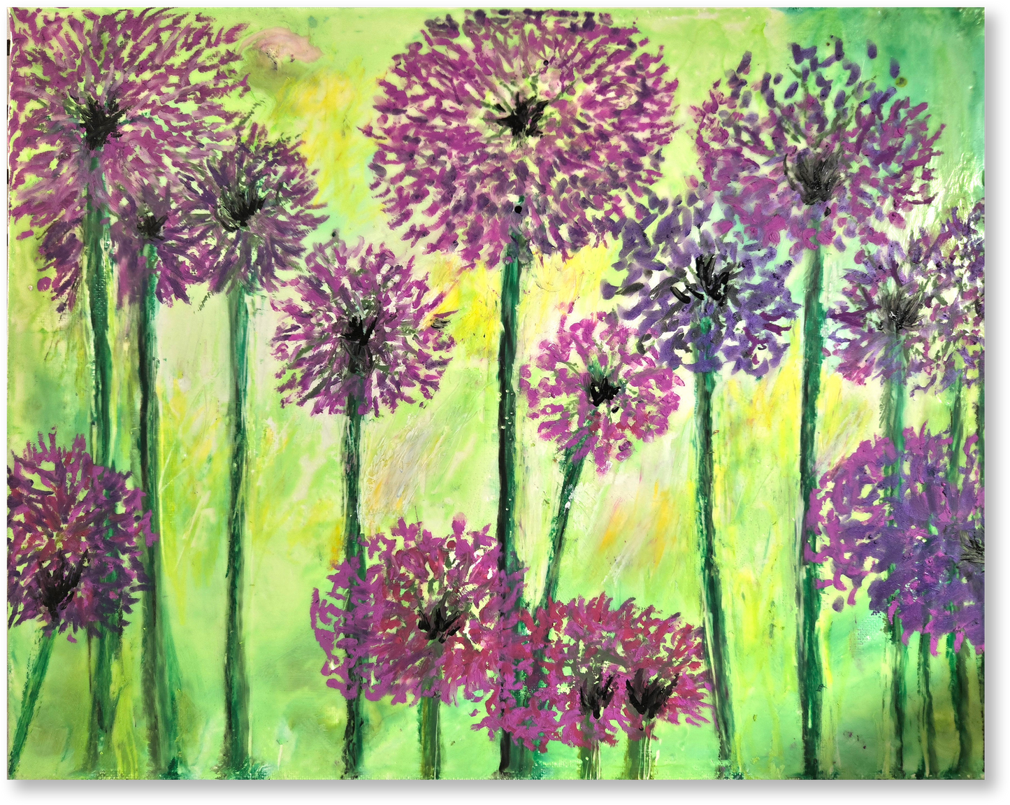 Artistic depiction of purple flowers with green stems on a colorful background
