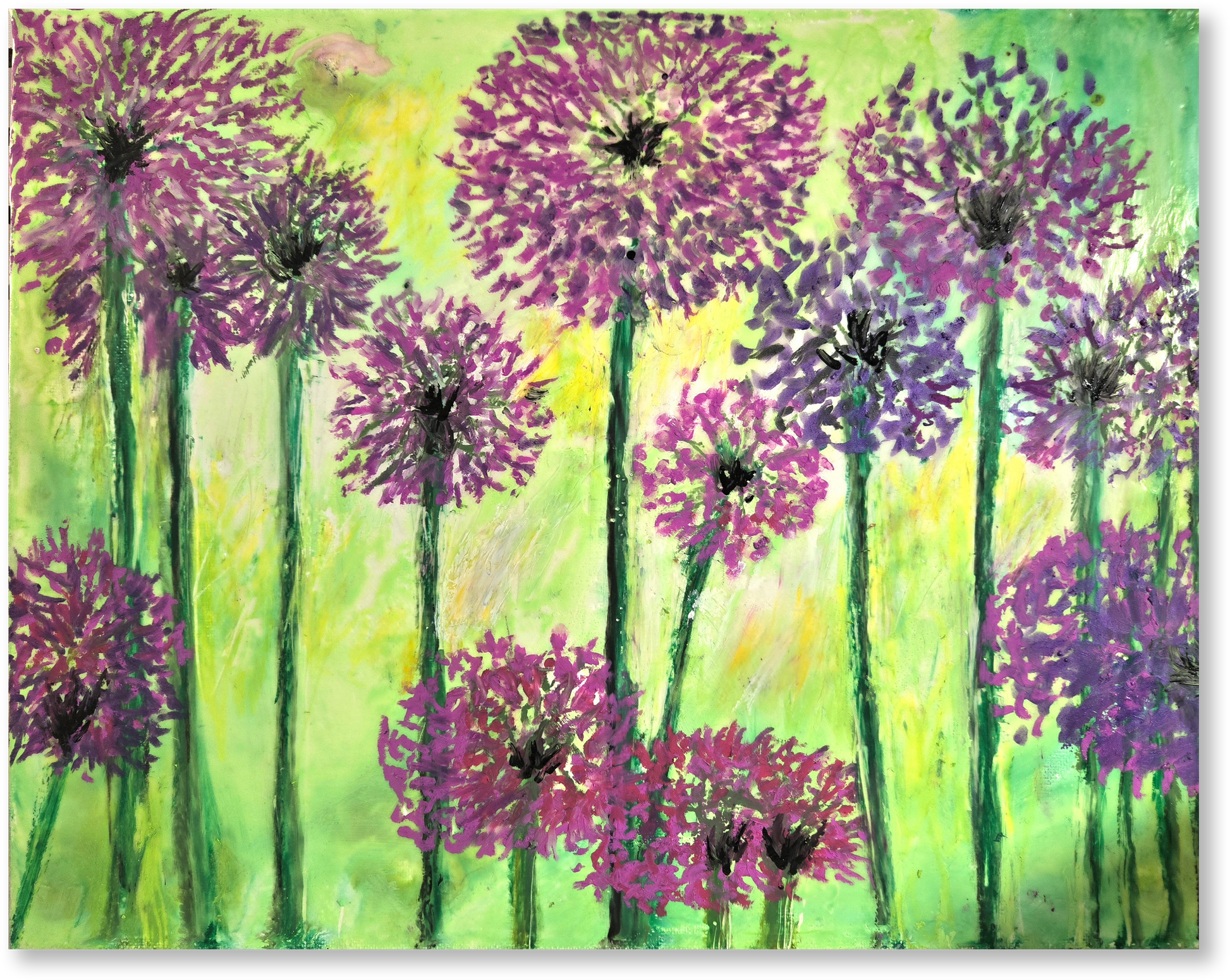 Artistic depiction of purple flowers with green stems on a colorful background