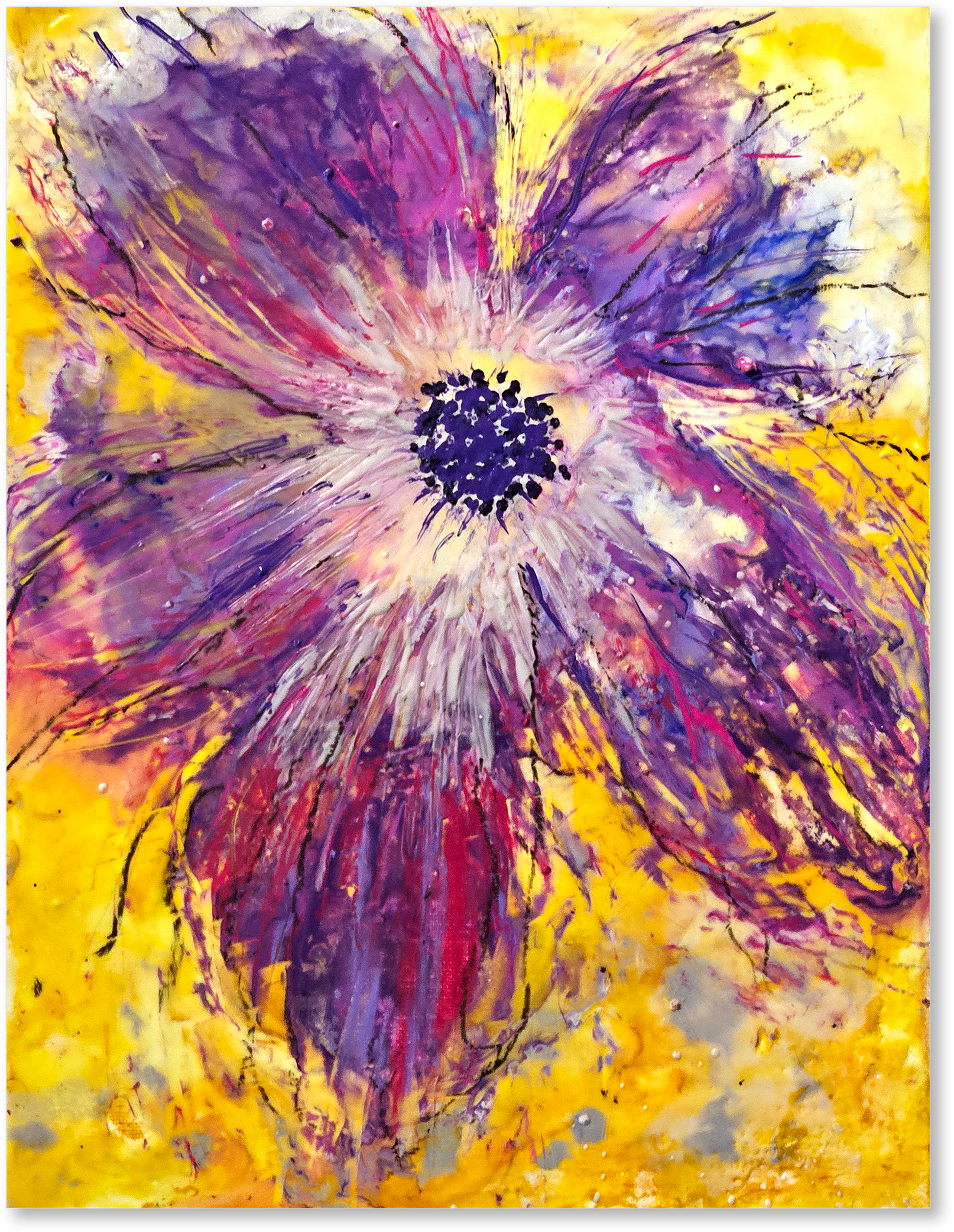 Abstract painting of a flower with purple and yellow colors on a white background