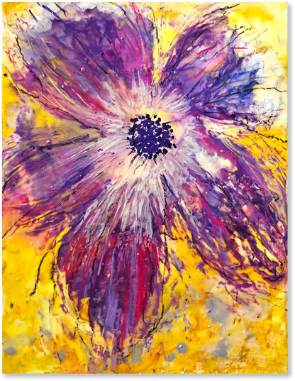 Abstract painting of a flower with purple and yellow colors on a white background