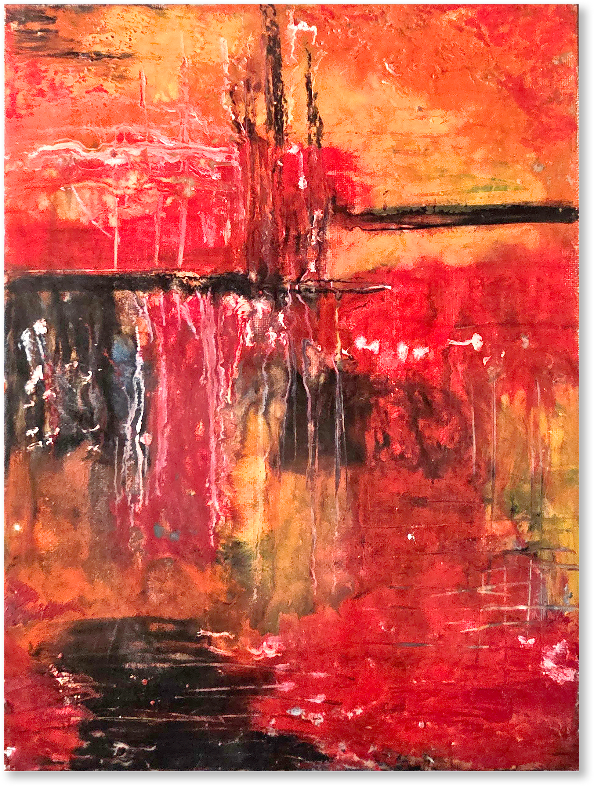 Abstract art with vibrant red, orange, and black colors
